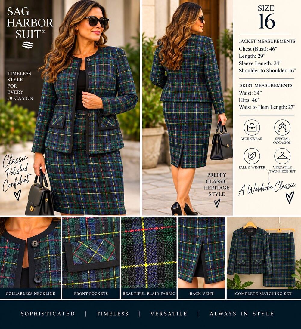 Sag Harbor Suit Women’s 16 Plaid Jacket Skirt Set Tartan Preppy Academia Vintage